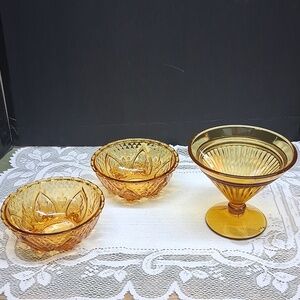 Vintage Amber Glass 2 KIG bowls And Footed Compote Bowl.